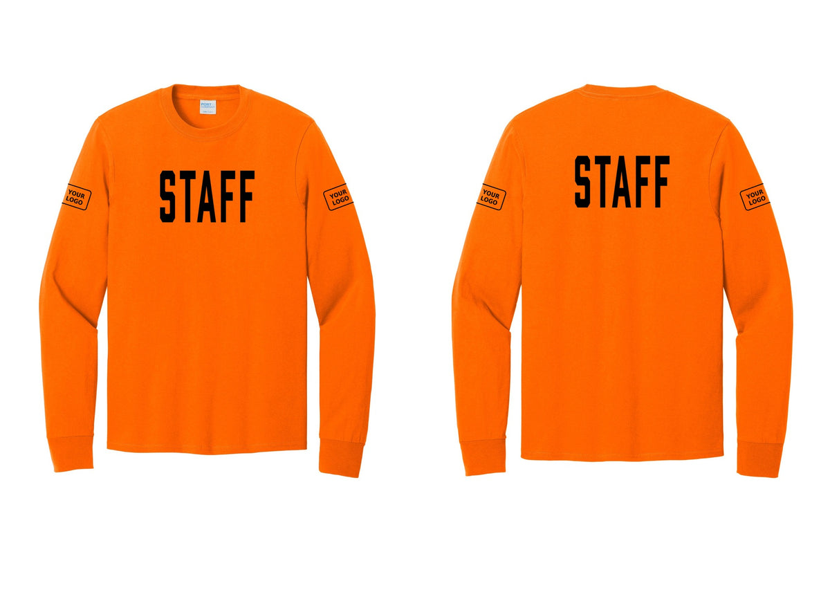 NYC Factory Custom Logo Staff Cotton Long Sleeve T-Shirt (Classic) - Front + Back + Your Logo Sleeves - Safety Orange