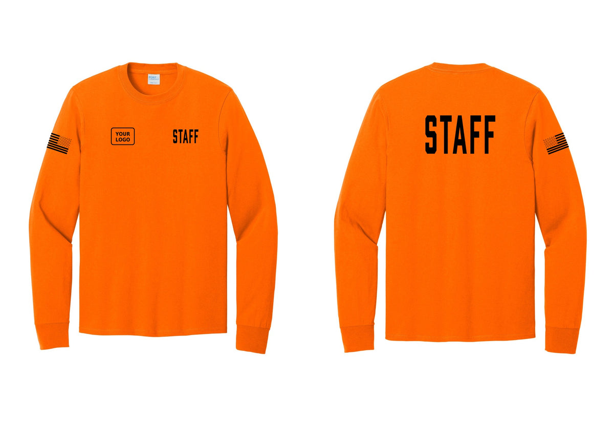 NYC Factory Custom Logo Staff Cotton Long Sleeve T-Shirt (Classic) - STAFF + Your Logo + Back + US Flag Sleeve - Safety Orange