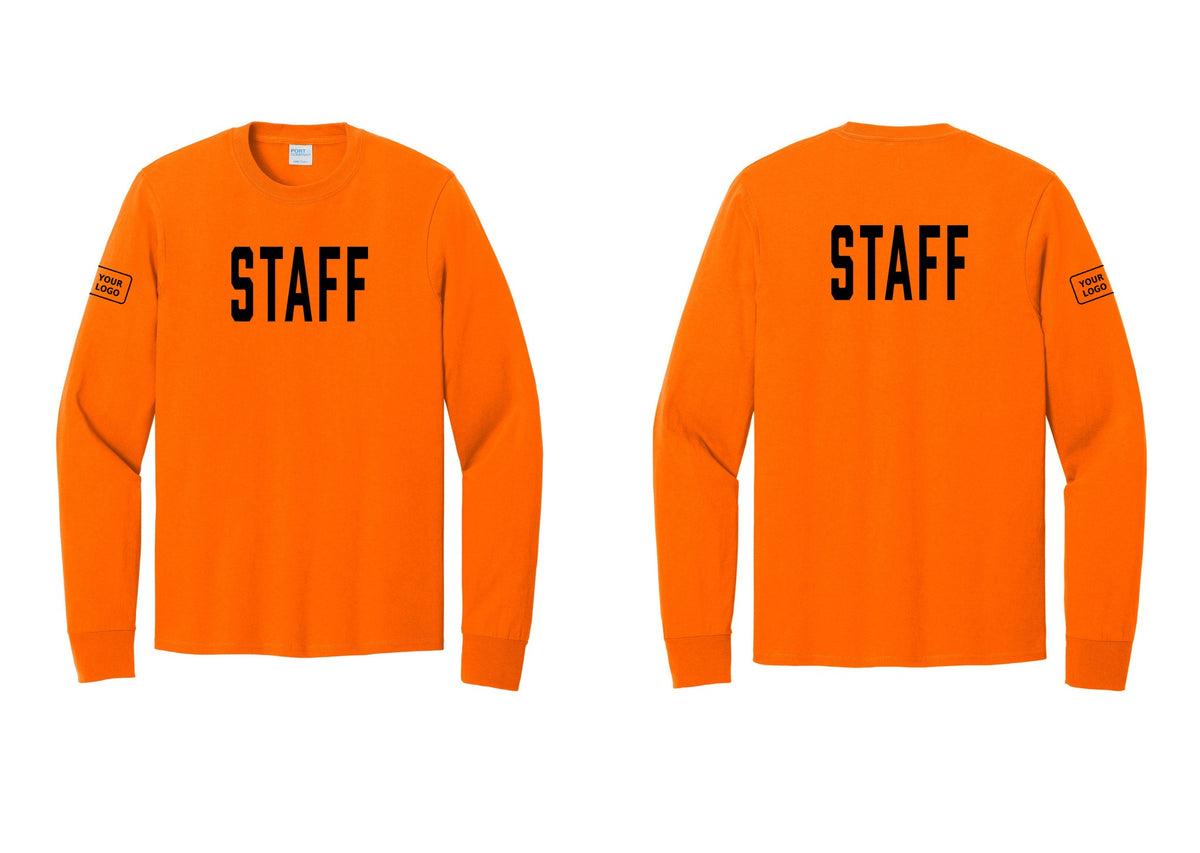 NYC Factory Custom Logo Staff Cotton Long Sleeve T-Shirt (Classic) - Front + Back + Your Logo Sleeve - Safety Orange