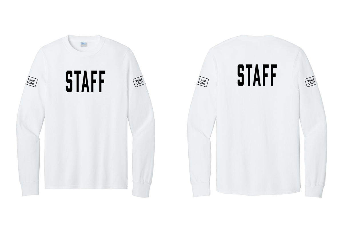 NYC Factory Custom Logo Staff Cotton Long Sleeve T-Shirt (Classic) - Front + Back + Your Logo Sleeves - White