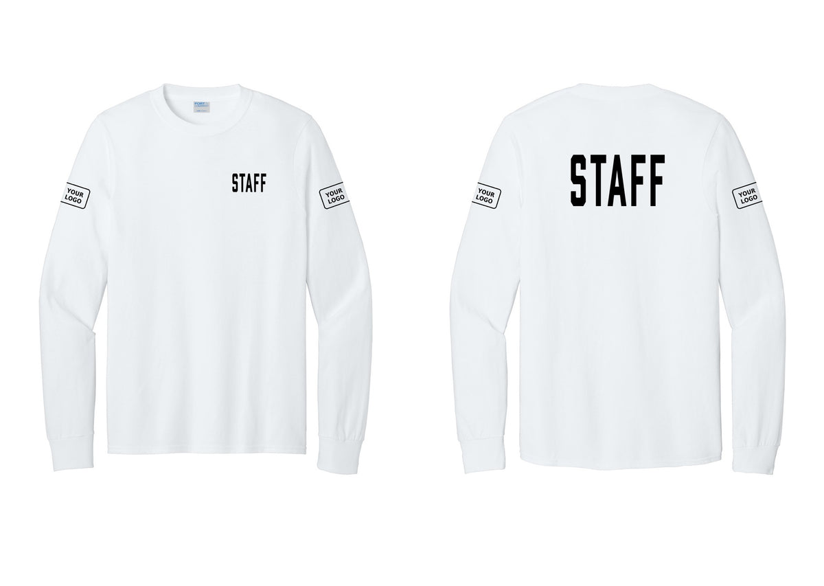 NYC Factory Custom Logo Staff Cotton Long Sleeve T-Shirt (Classic) - Chest + Back + Your Logo Sleeves - White