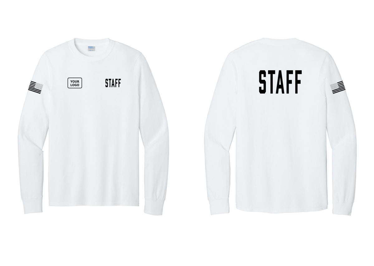NYC Factory Custom Logo Staff Cotton Long Sleeve T-Shirt (Classic) - STAFF + Your Logo + Back + US Flag Sleeve - White