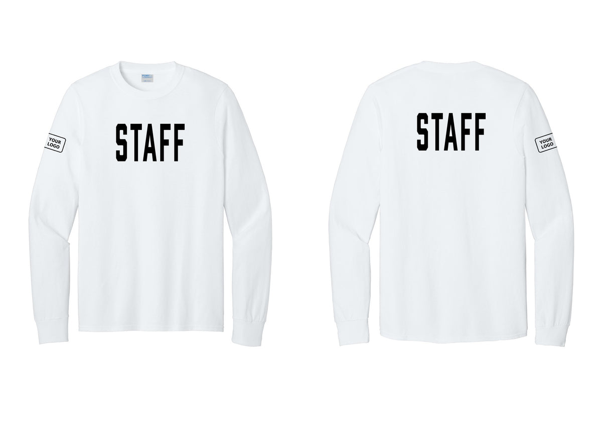 NYC Factory Custom Logo Staff Cotton Long Sleeve T-Shirt (Classic) - Front + Back + Your Logo Sleeve - White