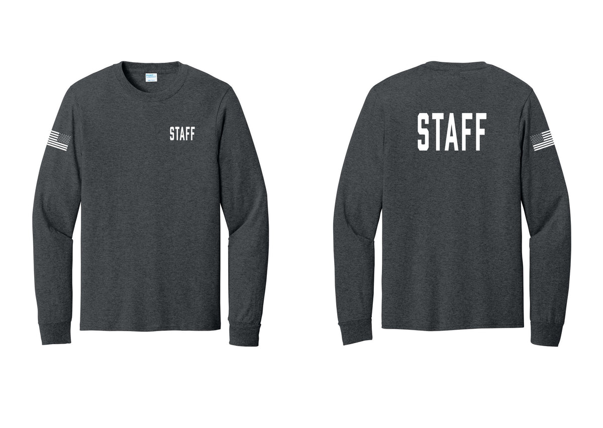 NYC Factory Staff Cotton Long Sleeve T-Shirt (Classic) - Chest + Back + US Flag Sleeve - Dark Heather Grey