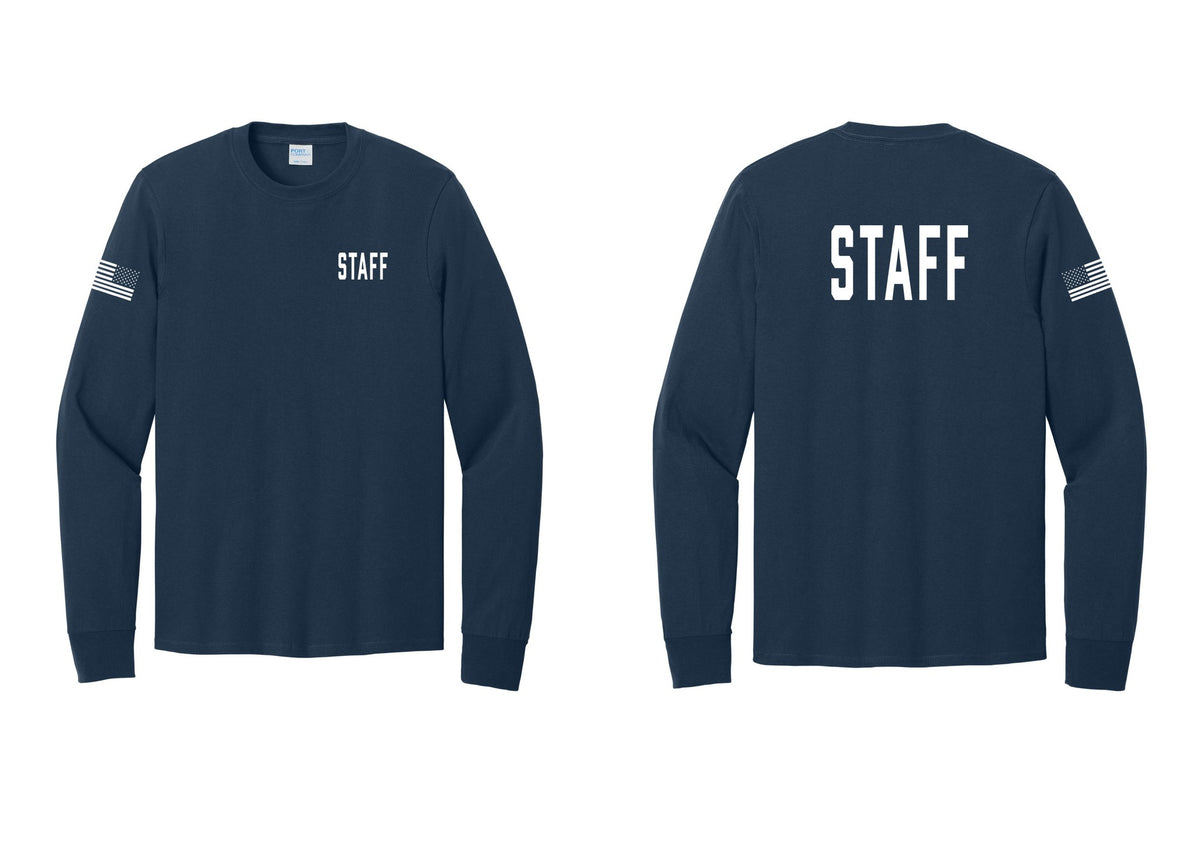 NYC Factory Staff Cotton Long Sleeve T-Shirt (Classic) - Chest + Back + US Flag Sleeve - Navy