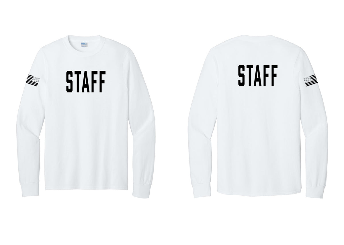 NYC Factory Staff Cotton Long Sleeve T-Shirt (Classic) - Front + Back + US Flag Sleeve - White
