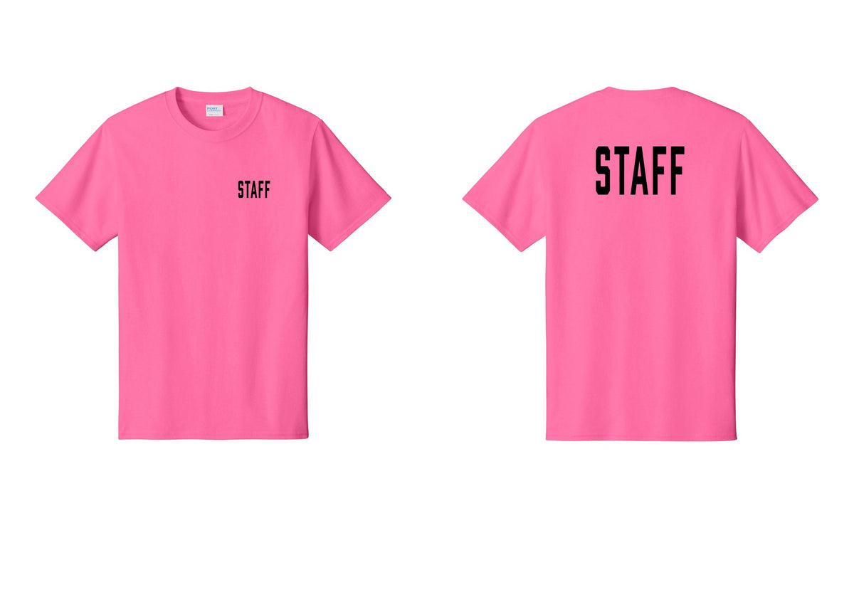 NYC Factory Staff T-Shirt, Condensed Lettering - Chest + Back - Neon Pink