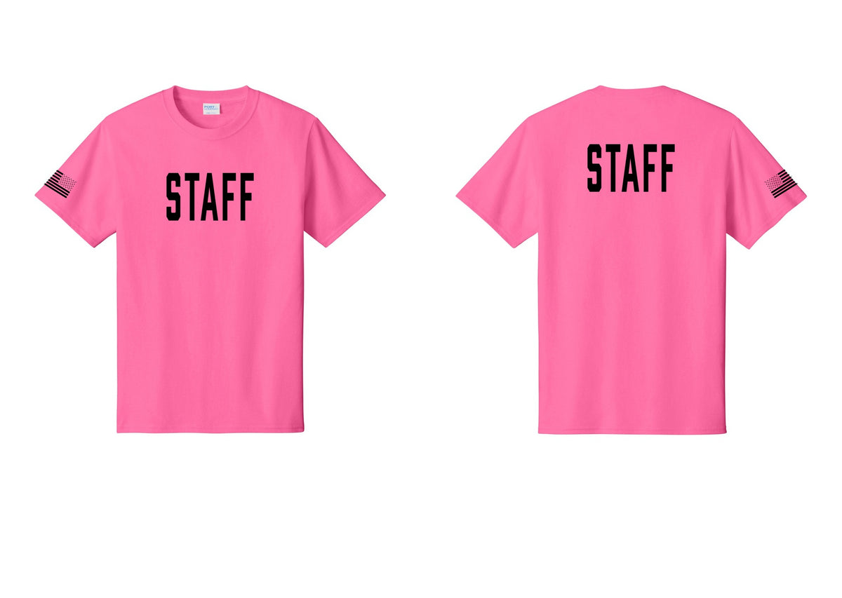 NYC Factory Staff T-Shirt, Condensed Lettering - Front + Back + US Flag Sleeve - Neon Pink