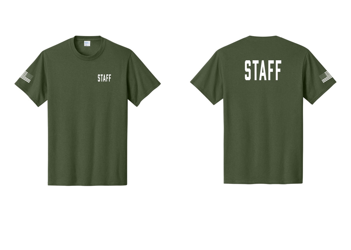 NYC Factory Staff T-Shirt, Condensed Lettering - Chest + Back + US Flag Sleeve - Olive