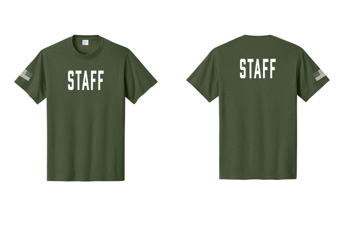 NYC Factory Staff T-Shirt, Condensed Lettering - Front + Back + US Flag Sleeve - Olive