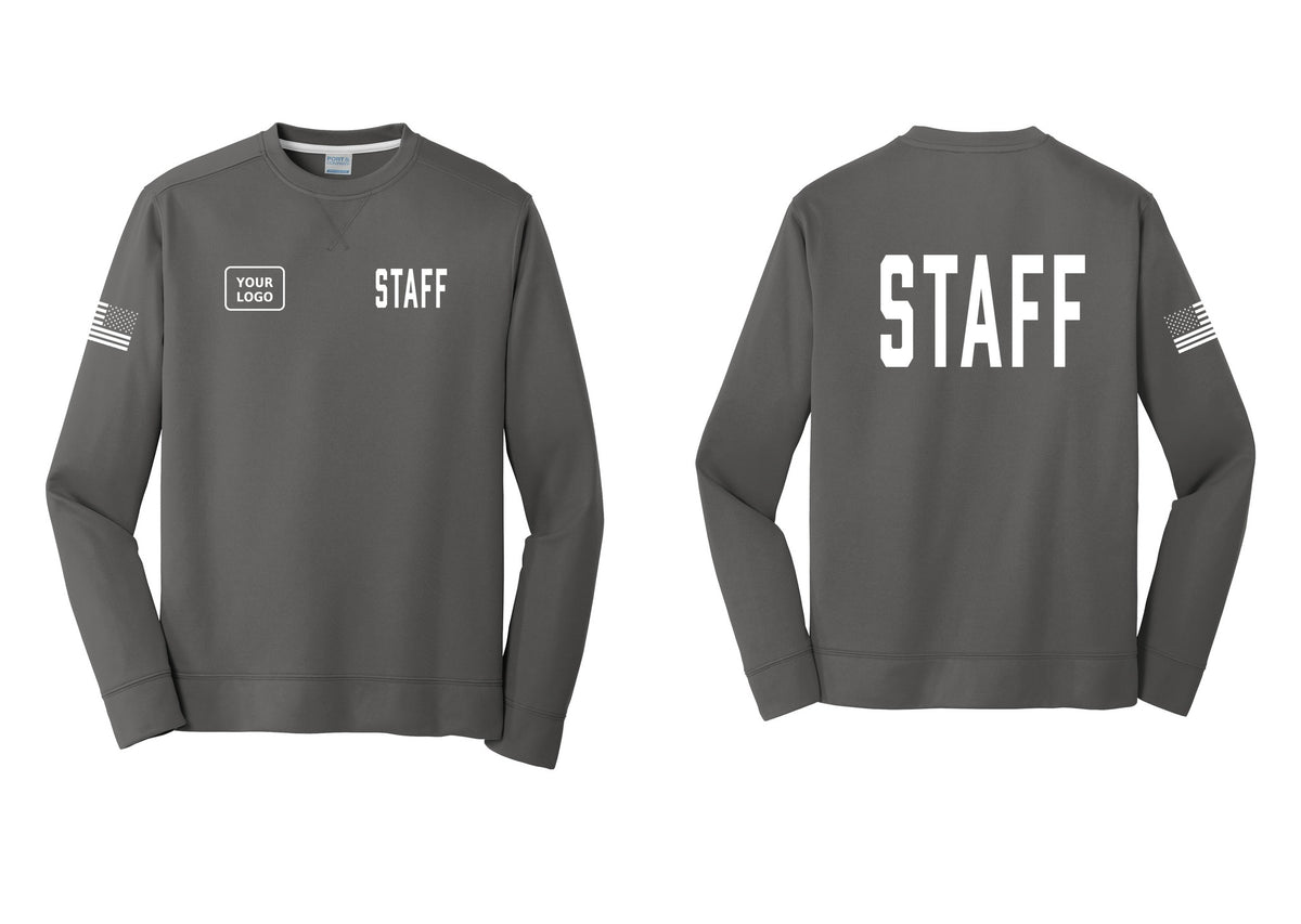 NYC Factory Custom Logo Staff Performance Fleece Crewneck Sweatshirt (Classic) - STAFF + Your Logo + Back + US Flag Sleeve - Charcoal