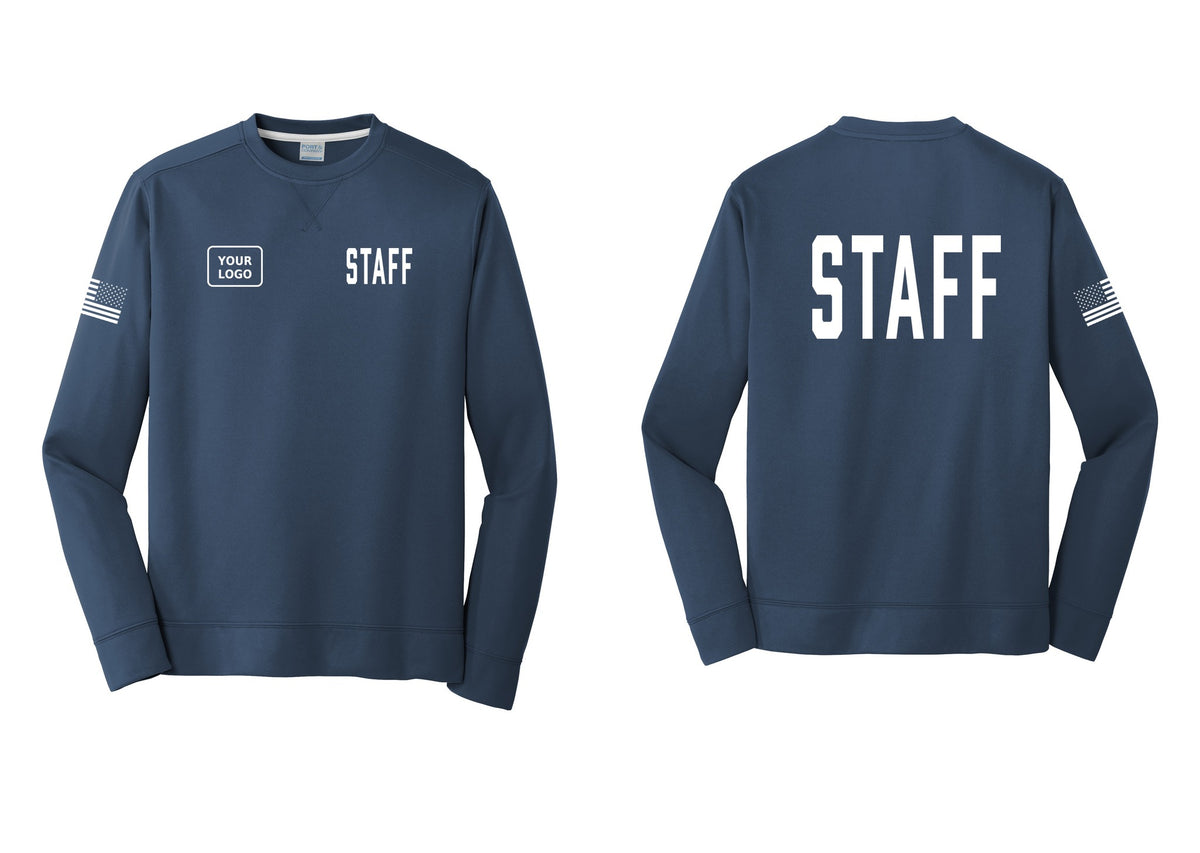 NYC Factory Custom Logo Staff Performance Fleece Crewneck Sweatshirt (Classic) - STAFF + Your Logo + Back + US Flag Sleeve - Navy