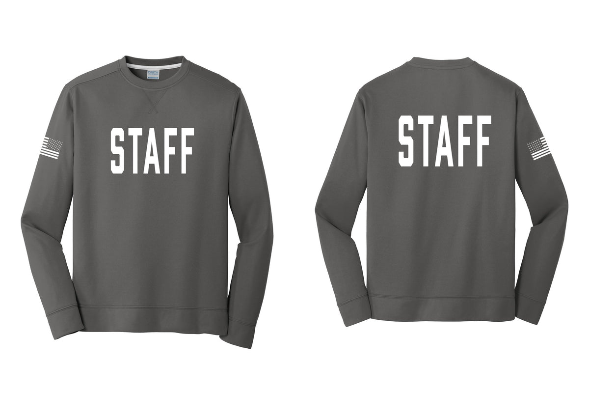NYC Factory Staff Performance Fleece Crewneck Sweatshirt (Classic) - Front + Back + US Flag Sleeve - Charcoal