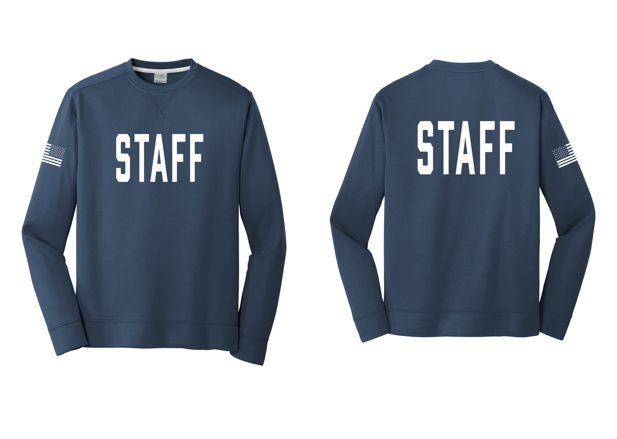 NYC Factory Staff Performance Fleece Crewneck Sweatshirt (Classic) - Front + Back + US Flag Sleeve - Navy