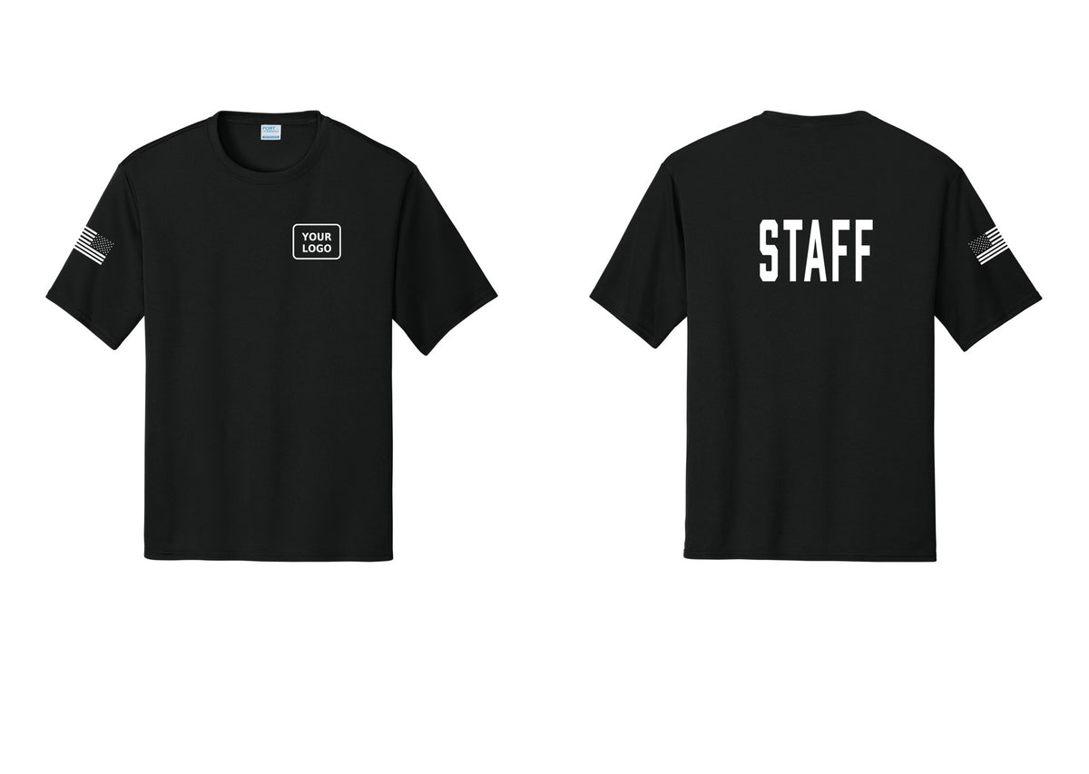 NYC Factory Custom Logo Staff Performance T-Shirt (Classic) - Your Logo + Back + US Flag Sleeve - Black