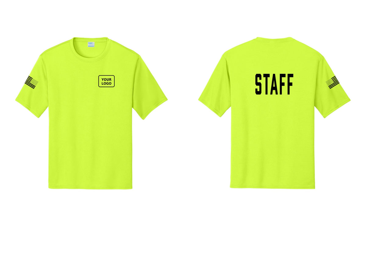 NYC Factory Custom Logo Staff Performance T-Shirt (Classic) - Your Logo + Back + US Flag Sleeve - Neon Yellow