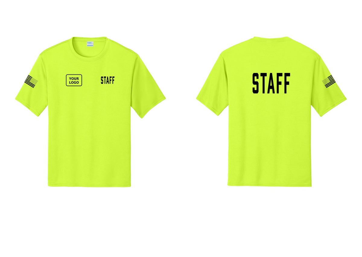NYC Factory Custom Logo Staff Performance T-Shirt (Classic) - STAFF + Your Logo + Back + US Flag Sleeve - Neon Yellow