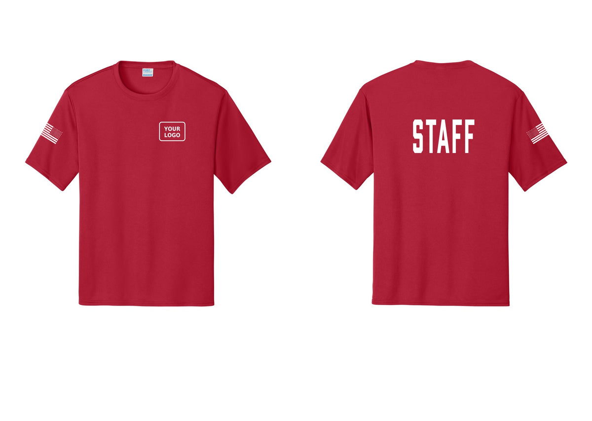 NYC Factory Custom Logo Staff Performance T-Shirt (Classic) - Your Logo + Back + US Flag Sleeve - Red