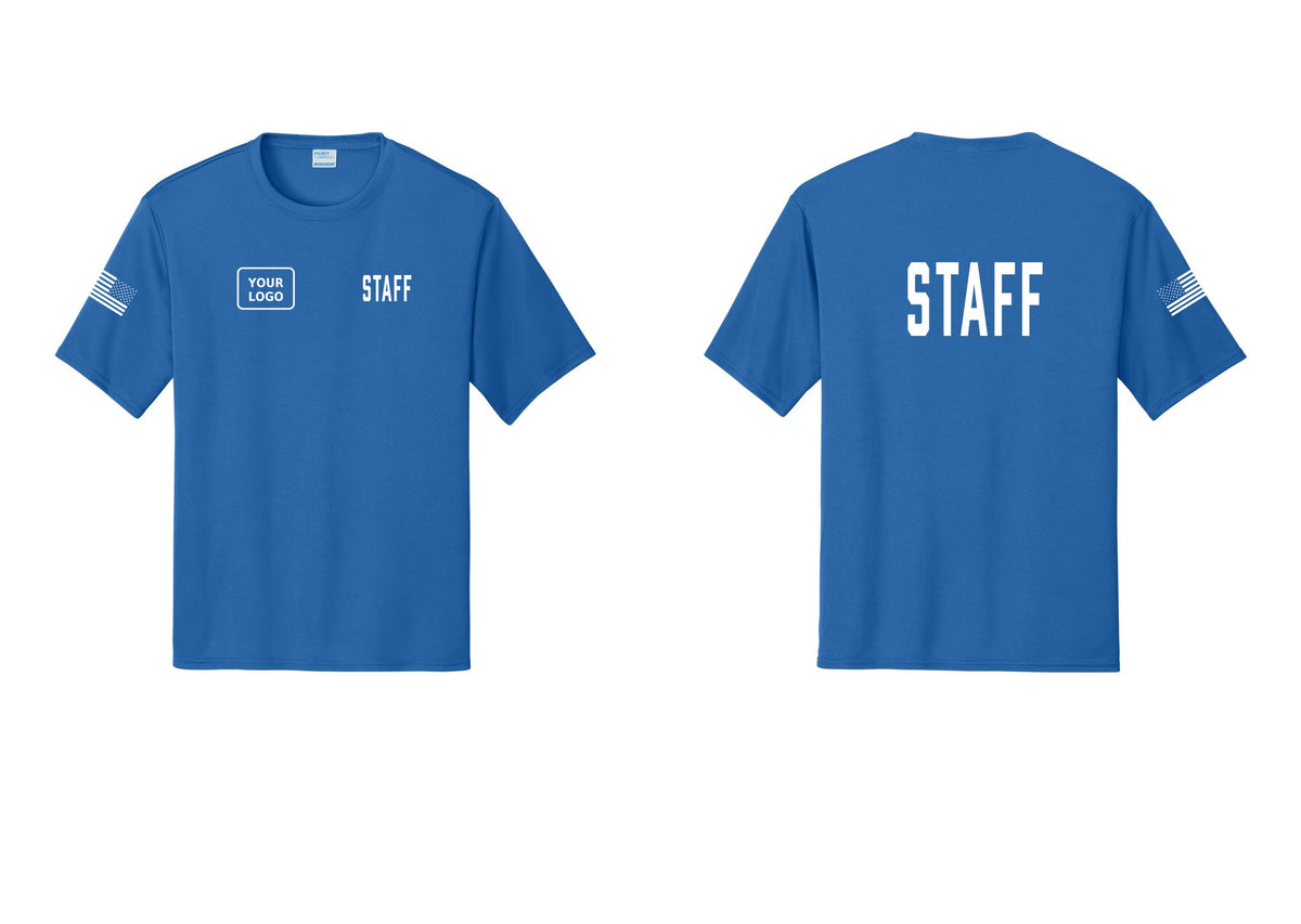 NYC Factory Custom Logo Staff Performance T-Shirt (Classic) - STAFF + Your Logo + Back + US Flag Sleeve - Royal