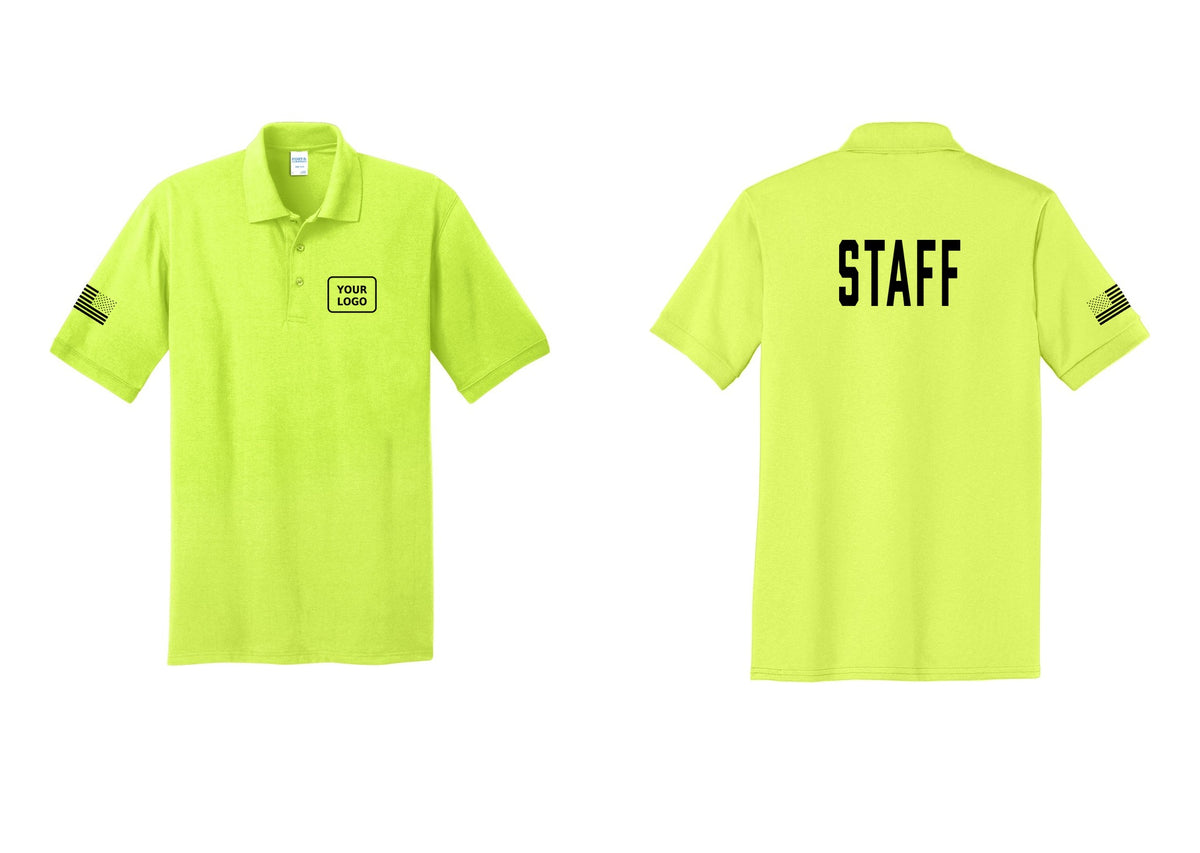 NYC Factory Custom Logo Staff Polo Shirt (Classic) - Your Logo + Back + US Flag Sleeve - Safety Green