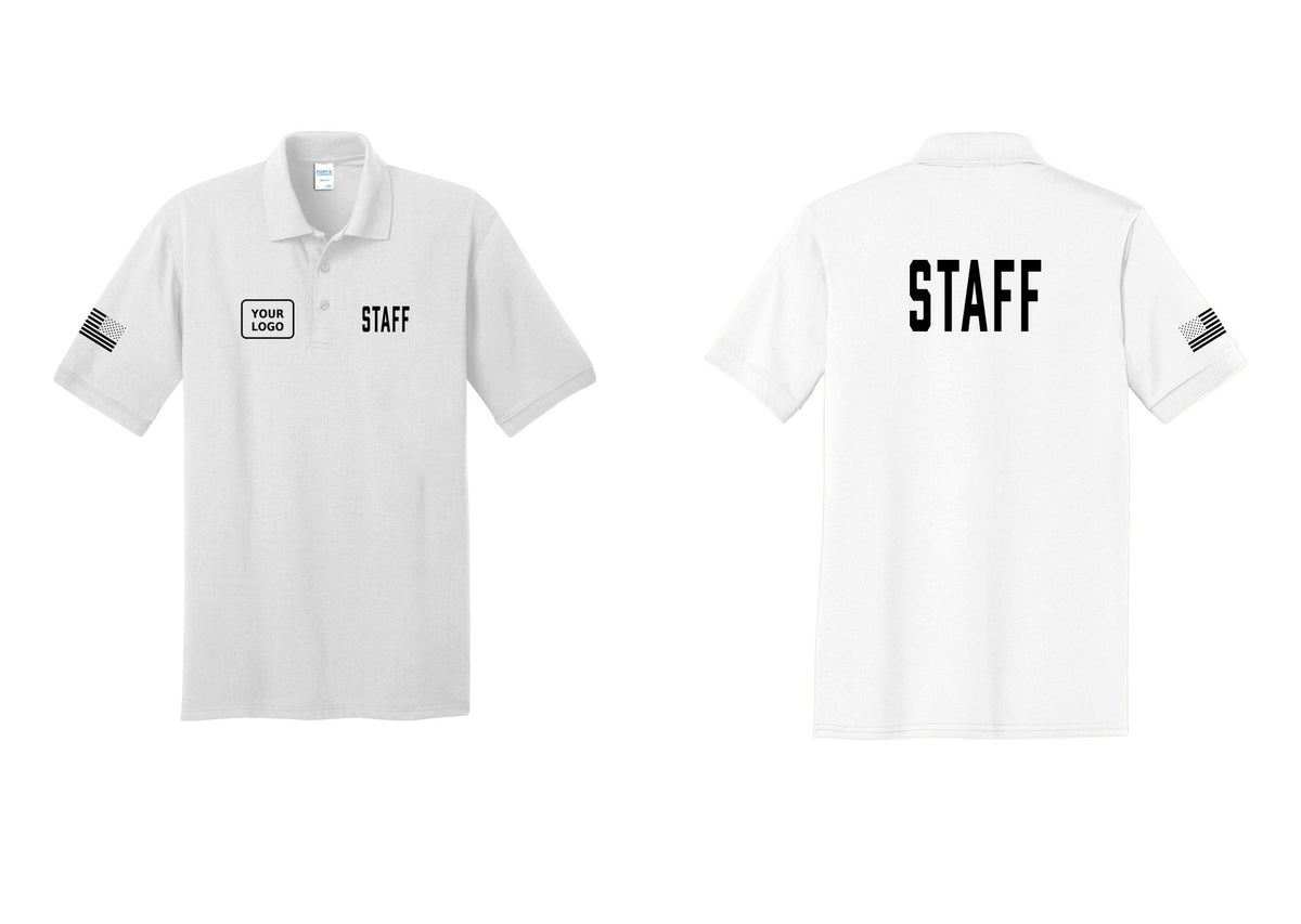NYC Factory Custom Logo Staff Polo Shirt (Classic) - STAFF + Your Logo + Back + US Flag Sleeve - White