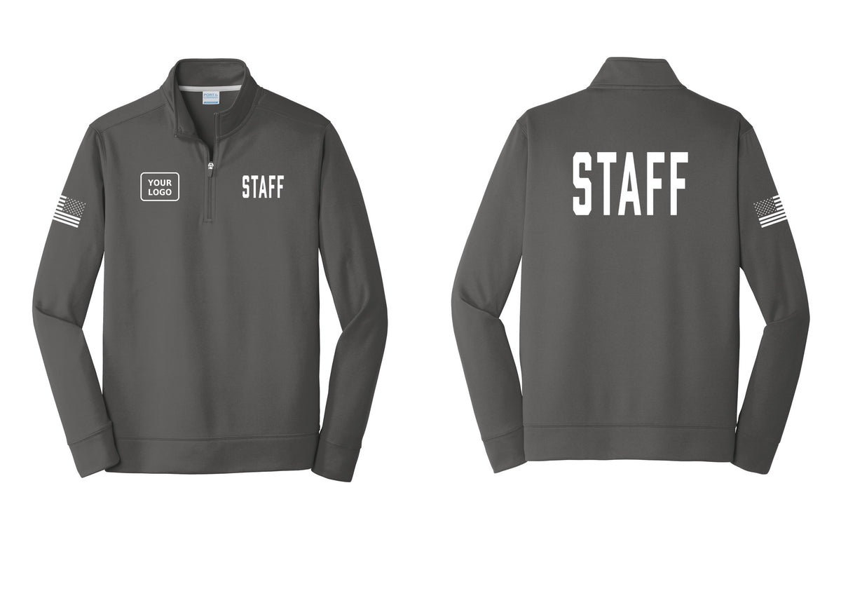 NYC Factory Custom Logo Staff Performance Fleece 1/4-Zip Pullover Sweatshirt (Classic) - STAFF + Your Logo + Back + US Flag Sleeve - Charcoal