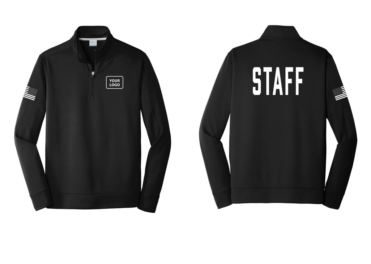 NYC Factory Custom Logo Staff Performance Fleece 1/4-Zip Pullover Sweatshirt (Classic) - Your Logo + Back + US Flag Sleeve - Black