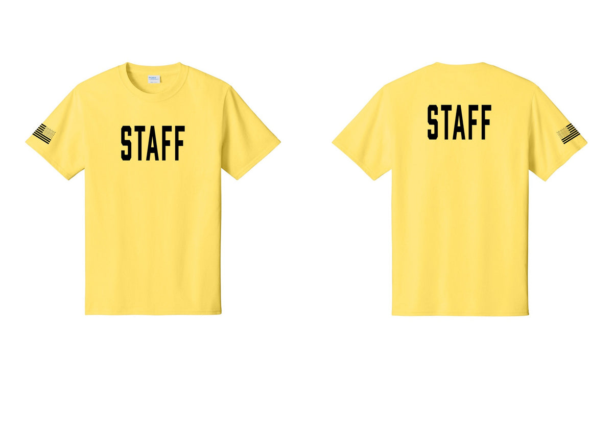 NYC Factory Staff T-Shirt, Condensed Lettering - Front + Back + US Flag Sleeve - Yellow