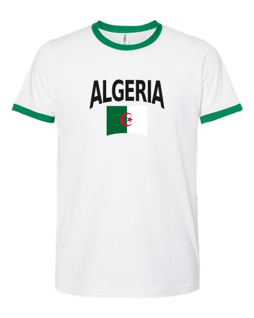 Algeria Soccer Ringer Tee 2026 — Classic Name & Flag | NYC Factory - white_green