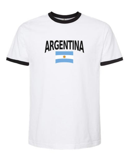 Argentina Soccer Ringer Tee 2026 — Classic Name & Flag | NYC Factory - White/Black