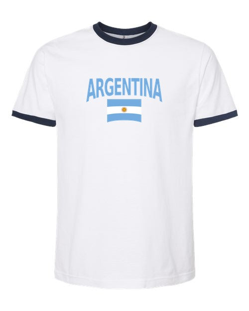 Argentina Soccer Ringer Tee 2026 — Classic Name & Flag | NYC Factory - white_navy