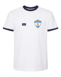 Argentina Soccer Ringer Tee 2026 — Retro National Crest — White/Navy | NYC Factory