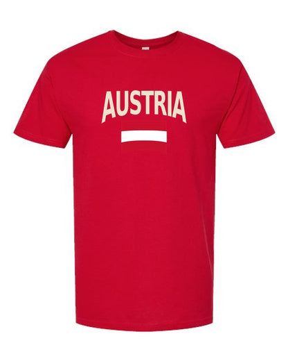 Austria Soccer Tee 2026 — Classic Name & Flag | NYC Factory - Standard Red