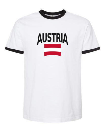 Austria Soccer Ringer Tee 2026 — Classic Name & Flag | NYC Factory - White/Black