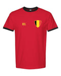 Belgium Soccer Ringer Tee 2026 — Retro National Crest — Red/Black | NYC Factory