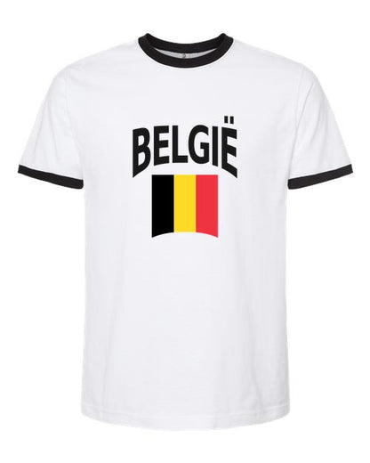 Belgium Soccer Ringer Tee 2026 — Classic Name & Flag | NYC Factory - White/Black