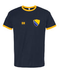 Bosnia and Herzegovina Soccer Ringer Tee 2026 — Retro National Crest — Navy/Gold | NYC Factory