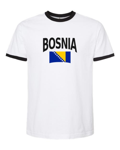 Bosnia and Herzegovina Soccer Ringer Tee 2026 — Classic Name & Flag | NYC Factory - White/Black