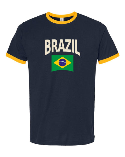 Brazil Soccer Ringer Tee 2026 — Classic Name & Flag | NYC Factory - navy_gold