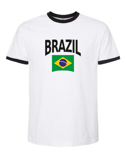 Brazil Soccer Ringer Tee 2026 — Classic Name & Flag | NYC Factory - White/Black