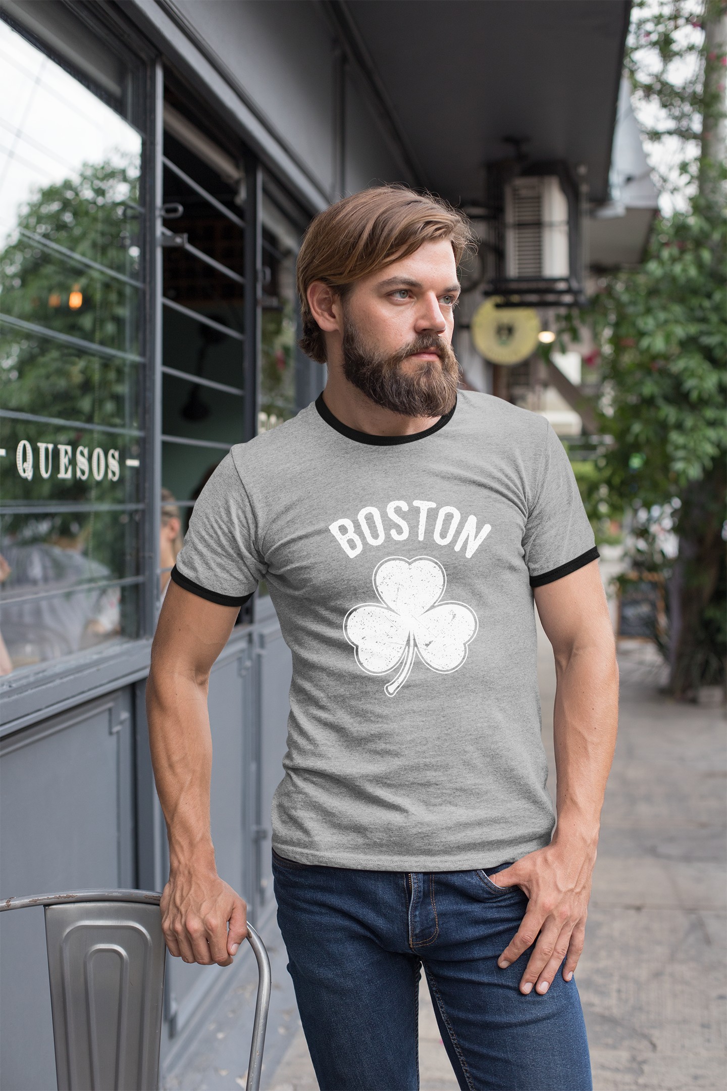 Irish Boston Shamrock White Design Custom Mens Ringer T-Shirt Customized Tee Gray/Black