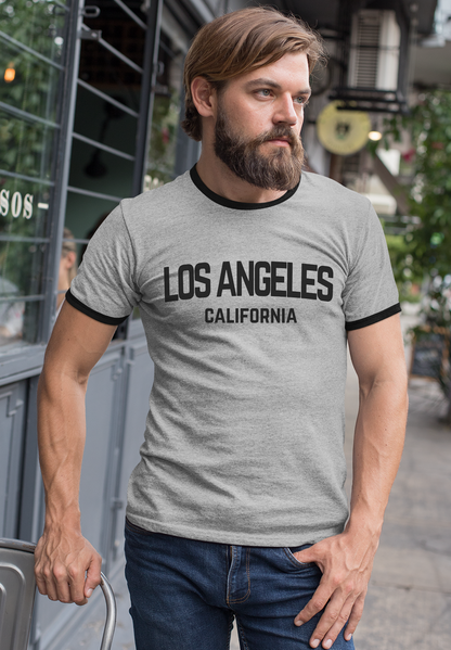 Los Angeles California Retro Black Design Custom Mens Ringer T-Shirt Customized Tee Gray/Black