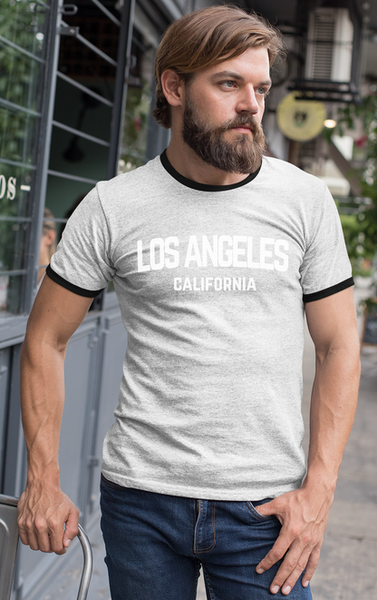 Los Angeles California White Retro Design Custom Mens Ringer T-Shirt Customized Tee White/Black