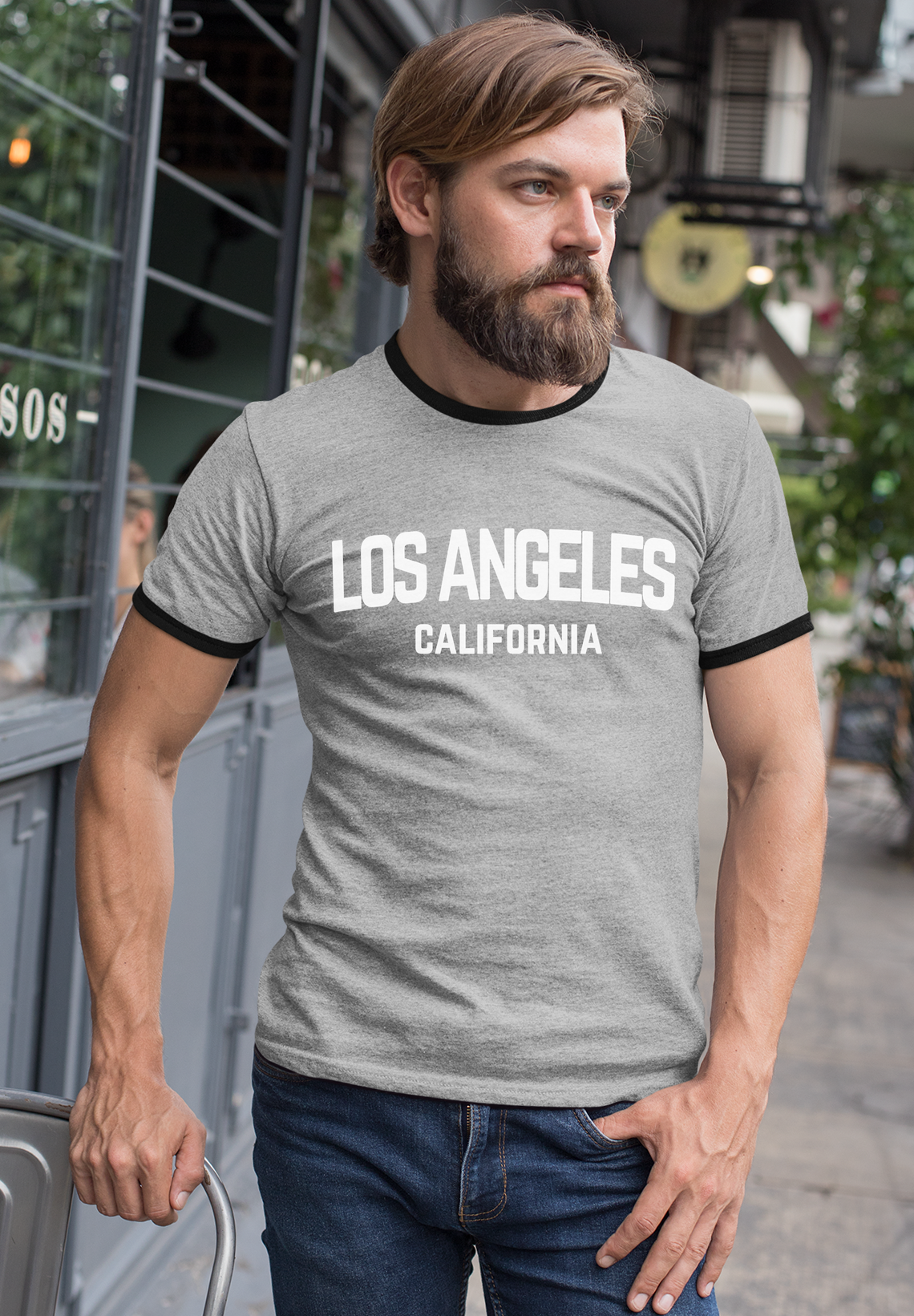 Los Angeles California White Retro Design Custom Mens Ringer T-Shirt Customized Tee Gray/Black