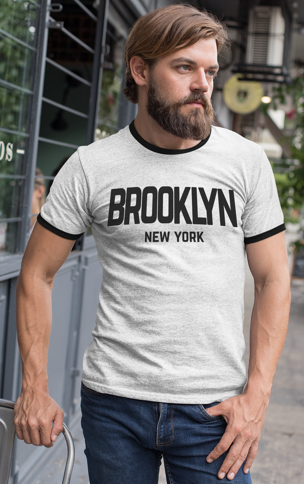 Brooklyn New York Retro Design Custom Mens Ringer T-Shirt Customized Tee White/Black