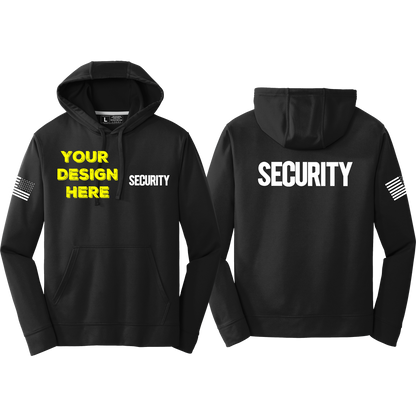 Black hoodie with SECURITY on front and back, USA Flag Sleeve. Custom left chest print option. 
