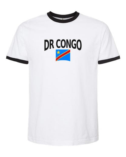 DR Congo Soccer Ringer Tee 2026 — Classic Name & Flag | NYC Factory - White/Black