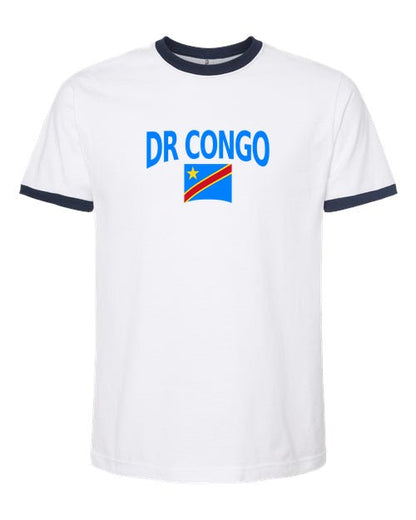 DR Congo Soccer Ringer Tee 2026 — Classic Name & Flag | NYC Factory - white_navy