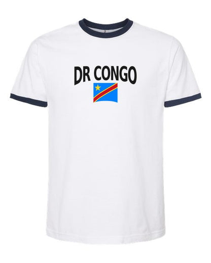DR Congo Soccer Ringer Tee 2026 — Classic Name & Flag | NYC Factory - white_navy