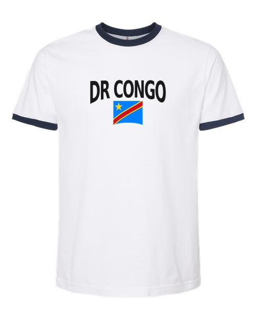 DR Congo Soccer Ringer Tee 2026 — Classic Name & Flag | NYC Factory - white_navy